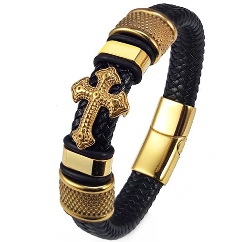 ***COI Gold Tone Titanium Cross Genuine Leather Bracelet With Steel Clasp(Length: 8.07 inches)-00002BB