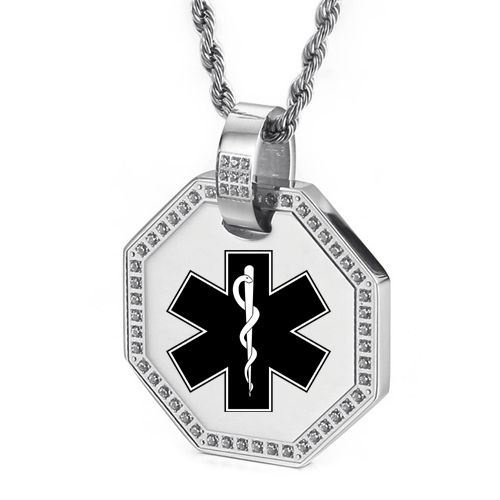 ***COI Titanium Gold Tone/Silver Medical Alert Pendant With CNC Cubic Zirconia-00110BB