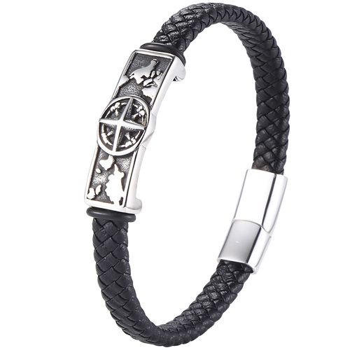 ***COI Titanium Compass & World Map Genuine Leather Bracelet With Steel Clasp(Length: 8.27 inches)-00184BB