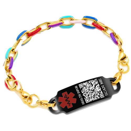 ***COI Titanium Black Gold Tone Rainbow Custom QR Code Health Info Medical Alert Bracelet With Steel Clasp(Length: 8.27 inches)-00643BB