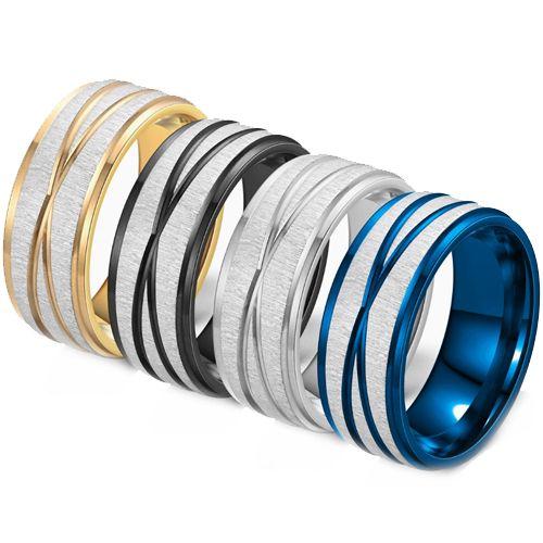 ***COI Titanium Silver/Black/Gold Tone/Blue Silver Grooves Step Edges Ring-00715BB