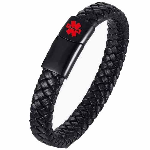 ***COI Black Titanium Medical Alert Genuine Leather Bracelet With Steel Clasp(Length: 9.06 inches)-00774BB