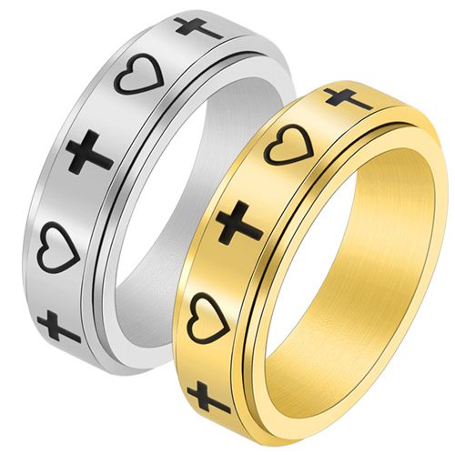 **COI Titanium Rose/Gold Tone/Silver Cross & Heart Step Edges Ring-7904BB