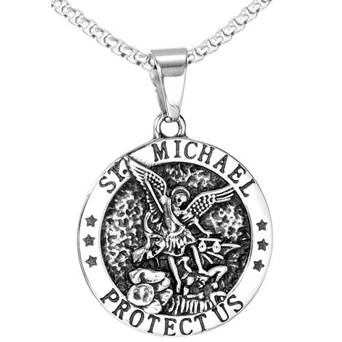 **COI Titanium Black Silver St. Michael Protect Us Pendant-9781BB