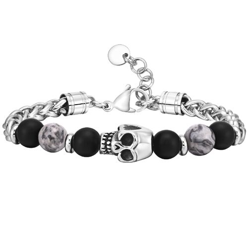 **COI Titanium Carnelian & Black Onyx Skull Bracelet With Steel Clasp(Length: 8.27 inches)-9807BB