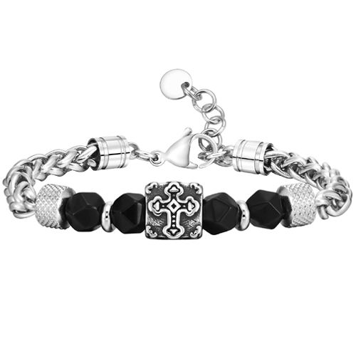 **COI Titanium Black Onyx Cross Bracelet With Steel Clasp(Length: 8.27 inches)-9808BB