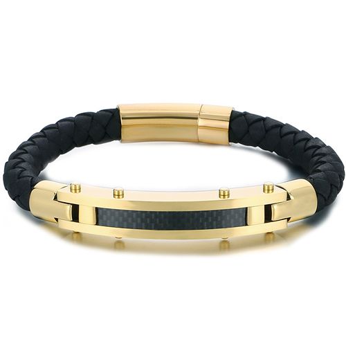 **COI Titanium Black/Gold Tone/Silver Black Carbon Fiber Genuine Leather Bracelet With Steel Clasp(Length: 8.27 inches)-9873BB