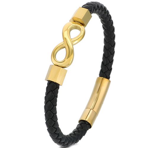 **COI Titanium Black/Gold Tone/Silver Infinity Black Genuine Leather Bracelet With Steel Clasp(Length: 8.27 inches)-9874BB