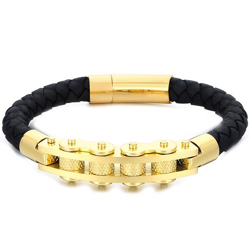 **COI Titanium Black/Gold Tone/Silver Black Genuine Leather Bracelet With Steel Clasp(Length: 8.27 inches)-9875BB