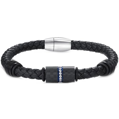 **COI Titanium Black Blue Carbon Fiber Cubic Zirconia Genuine Leather Bracelet With Steel Clasp(Length: 8.46 inches)-9877BB