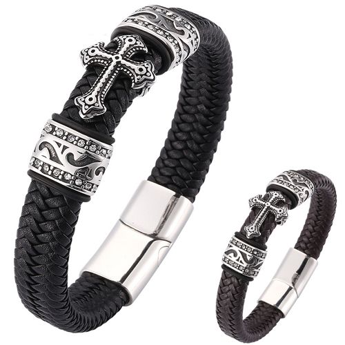 **COI Titanium Black Silver Cross Cubic Zirconia Black/Brown Genuine Leather Bracelet With Steel Clasp(Length: 8.27 inches)-9879BB