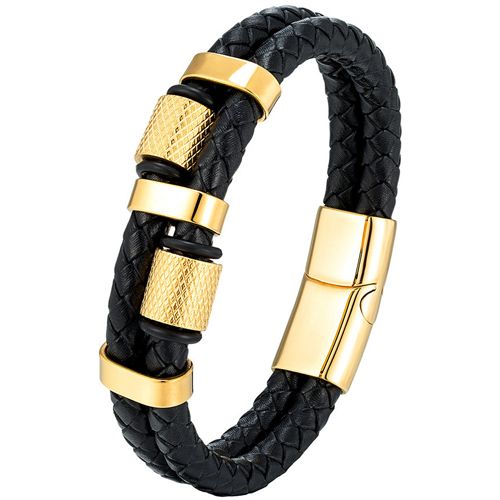 **COI Titanium Black/Gold Tone/Silver Genuine Leather Bracelet With Steel Clasp(Length: 8.07 inches)-9883BB