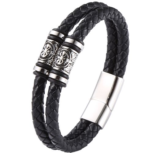 **COI Titanium Black Silver Viking Celtic Genuine Leather Bracelet With Steel Clasp(Length: 8.07 inches)-9884BB