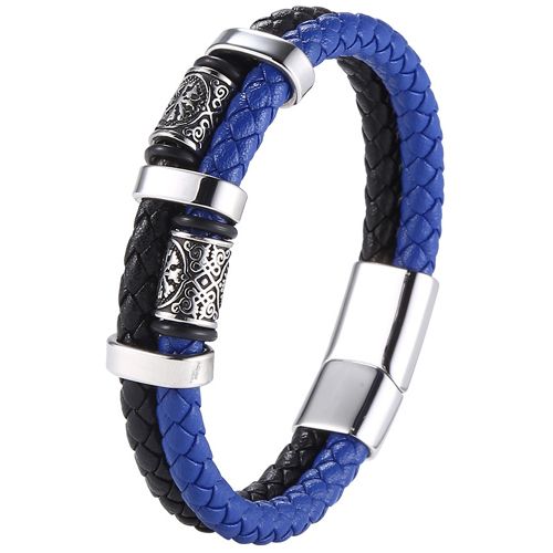 **COI Titanium Black Blue/Black Red/Blue Genuine Leather Viking Celtic Bracelet With Steel Clasp(Length: 8.66 inches)-9886BB