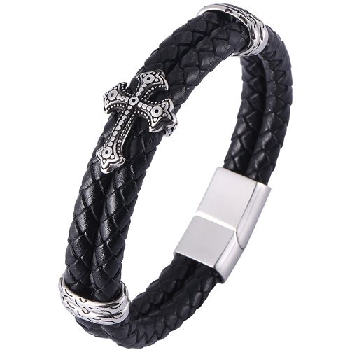 **COI Titanium Black Silver Cross Genuine Leather Bracelet With Steel Clasp(Length: 8.27 inches)-9887BB