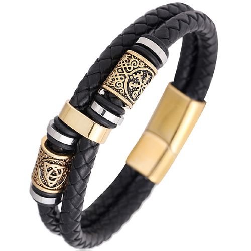 **COI Titanium Gold Tone/Silver Viking Celtic Genuine Leather Bracelet With Steel Clasp(Length: 8.46 inches)-9888BB