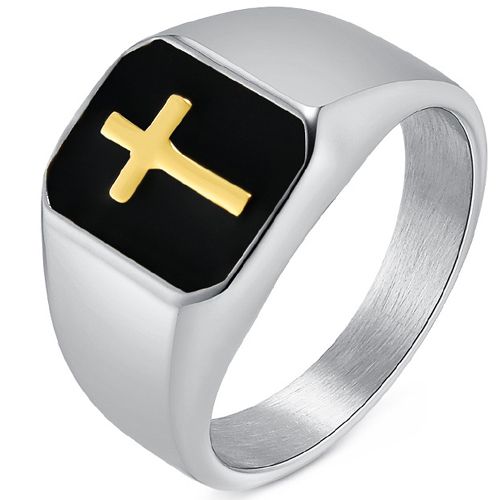 **COI Titanium Black Silver/Black Gold Tone Silver Cross Ring-9899BB