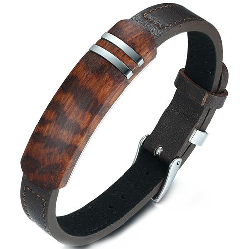 **COI Titanium Wood & Genuine Leather Bracelet With Steel Clasp(Length: 8.27 inches)-9963BB