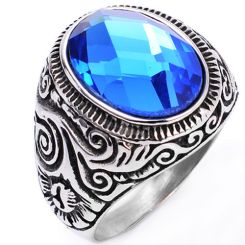 ***COI Titanium Black Silver Celtic Ring With Created Blue Topaz-00009BB