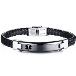 ***COI Titanium Black Silver Medical Alert Genuine Leather Bracelet With Steel Clasp(Length: 8.46 inches)-00027BB