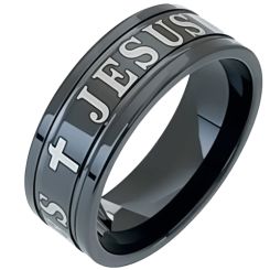 ***COI Black Titanium Double Grooves Cross Jesus Ring-00672BB