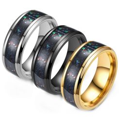 **COI Titanium Black/Gold Tone/Silver Crushed Opal Beveled Edges Ring-9805BB