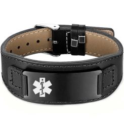 **COI Black Titanium Medical Alert Genuine Leather Bracelet(Length: 8.26 inches)-9866BB