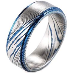 **COI Titanium Blue Silver Damascus Step Edges Ring-9891BB