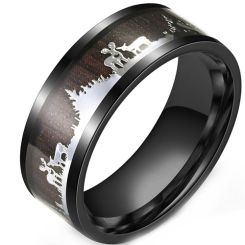 **COI Black Titanium Deer & Tree Ring With Wood-9968BB