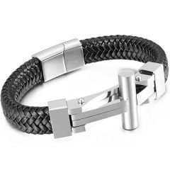 ***COI Titanium Black/Gold Tone/Silver Cross Genuine Leather Bracelet With Steel Clasp(Length: 8.27 inches)-00048BB