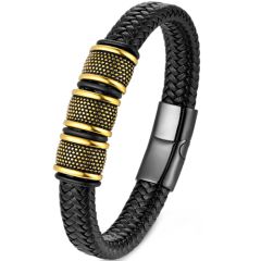 ***COI Titanium Black Gold Tone/Silver/Black Genuine Leather Bracelet With Steel Clasp(Length: 9.06 inches)-00120BB