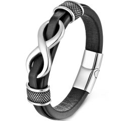 ***COI Titanium Black/Silver Infinity Genuine Leather Bracelet With Steel Clasp(Length: 8.27 inches)-00324BB