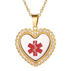 ***COI Titanium Gold Tone Silver Medical Alert Pendant With Cubic Zirconia-00454BB