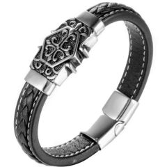 ***COI Titanium Black Silver Cross Celtic Genuine Leather Bracelet With Steel Clasp(Length: 8.27 inches)-00617BB