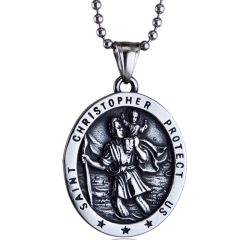 **COI Titanium Black Silver Saint Christopher Protect Us Pendant-100001BB