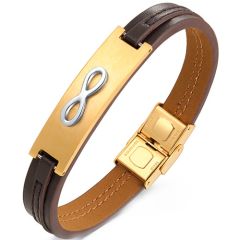 **COI Titanium Gold Tone/Black Silver Infinity Genuine Leather Bracelet With Steel Clasp(Length: 8.27 inches)-9811BB