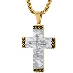 **COI Titanium Black Gold Tone Silver Faceted Cross Pendant With Cubic Zirconia-9815BB