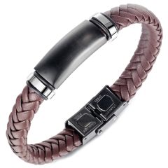 **COI Titanium Black Silver Black/Brown Genuine Leather Bracelet With Steel Clasp(Length: 8.27 inches)-9872BB