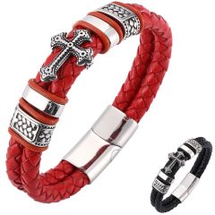 **COI Titanium Black Silver Cross Black/Red Genuine Leather Bracelet With Steel Clasp(Length: 8.27 inches)-9878BB