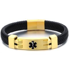 **COI Titanium Black/Gold Tone/Silver Medical Alert Genuine Leather Bracelet With Steel Clasp(Length: 8.27 inches)-9880BB