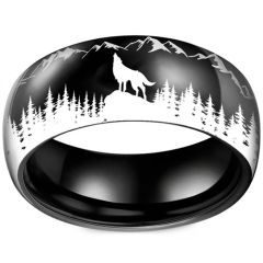 **COI Titanium Black/Silver Wolf Forest & Mountain Ring-9912BB