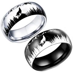 **COI Titanium Black/Silver Wolf Trees Forest & Mountain Ring-9965BB